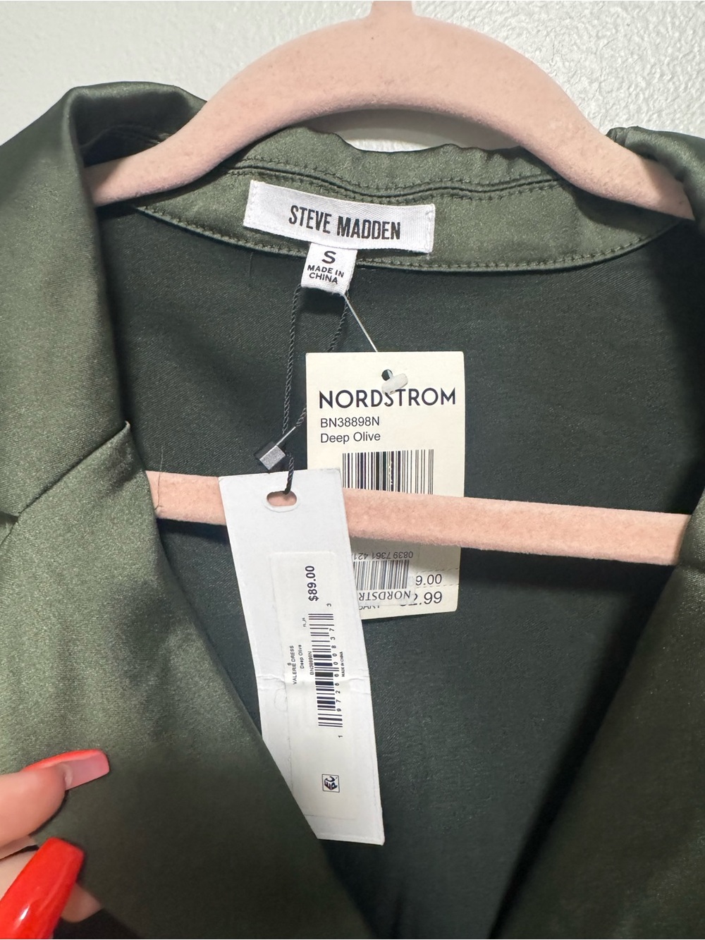 Steve Madden Long Sleeve Olive Green Satin Mini Shirtdress - Picture 8 of 9